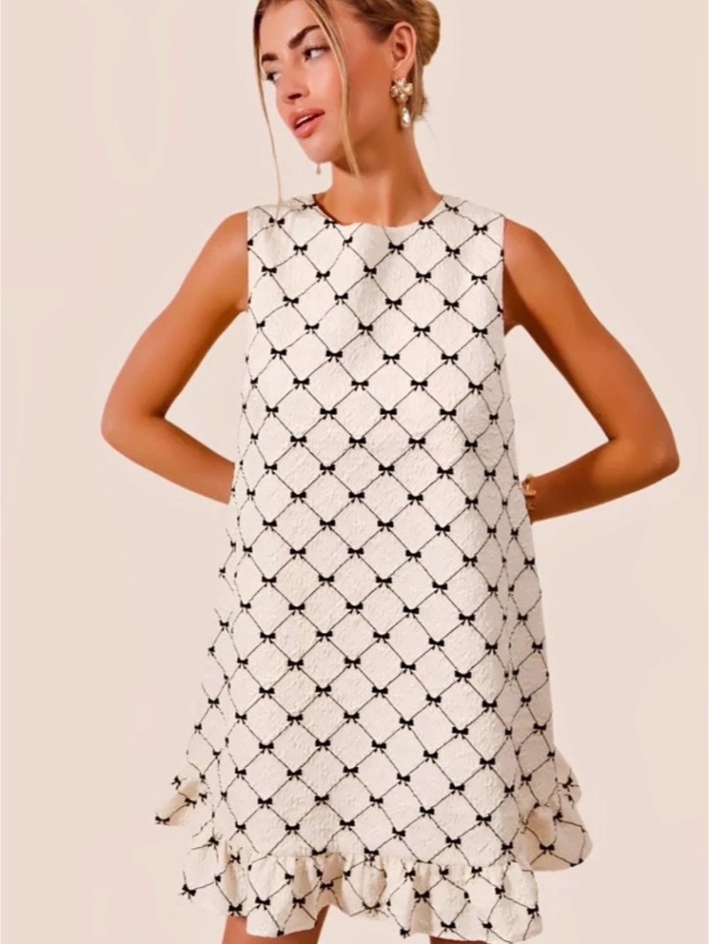 Mini Bow Swing Dress in Cream & Black Like New